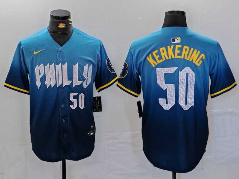 Men%27s Philadelphia Phillies #50 Orion Kerkering Number Blue 2024 City Connect Limited Stitched Jersey->philadelphia phillies->MLB Jersey